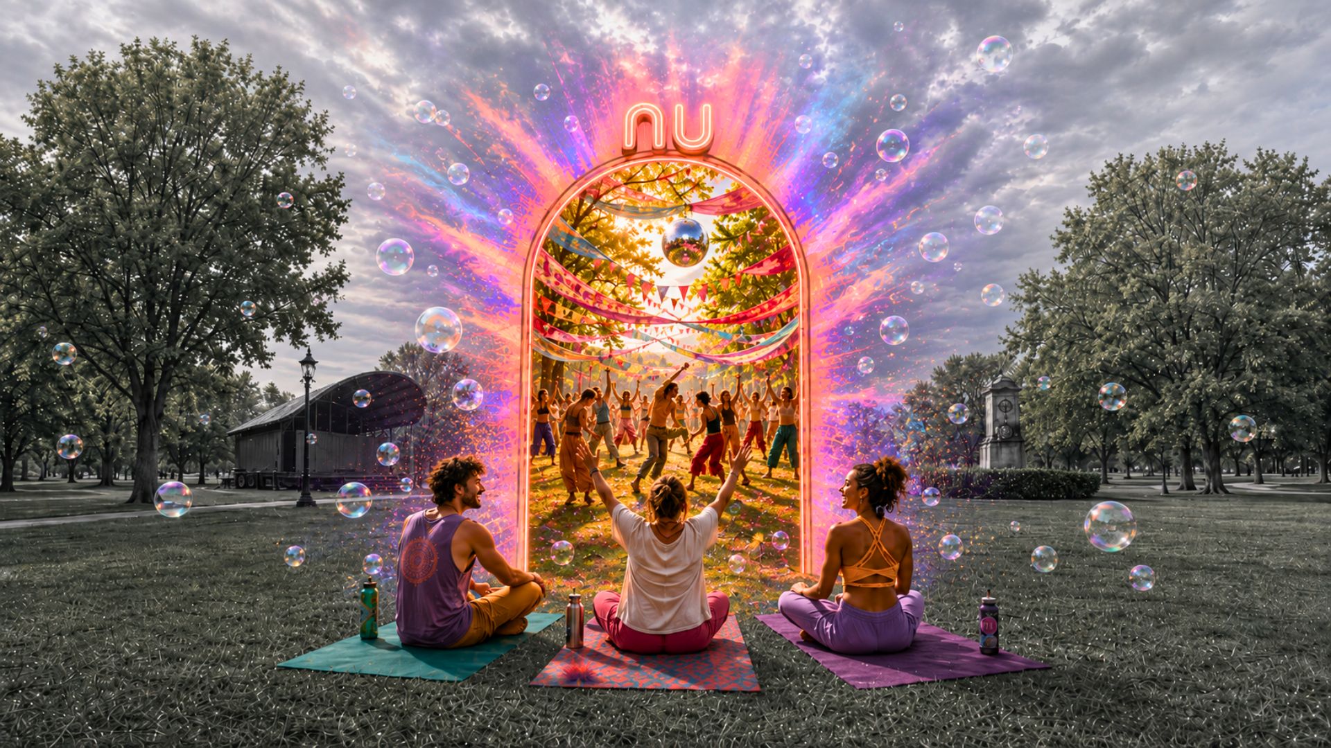 Love Yoga x Nuet.se affish med tre personer som sitter på yoga mattor i en park