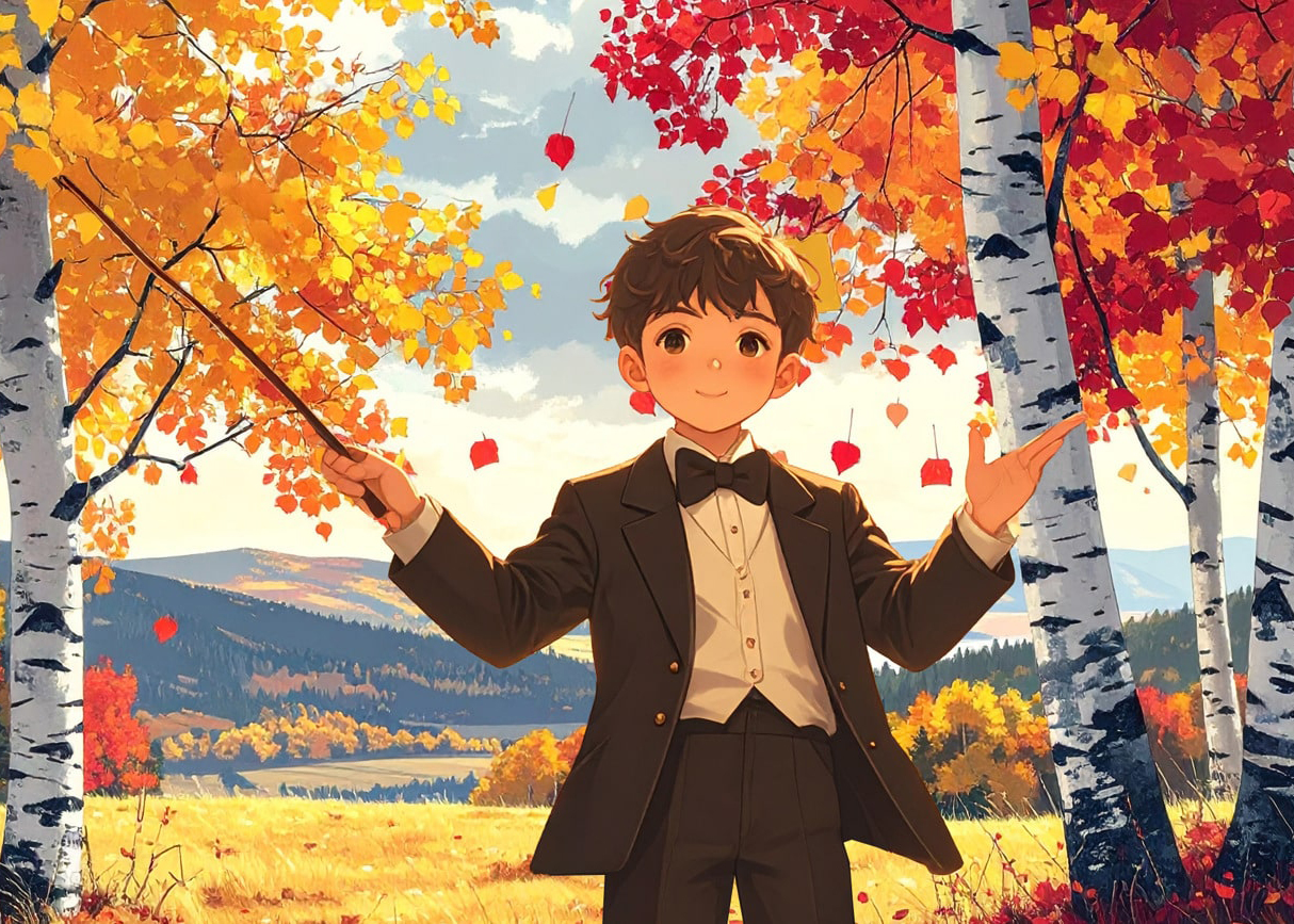 Animebild på dirigent med höstlandskap i  bakgrunden