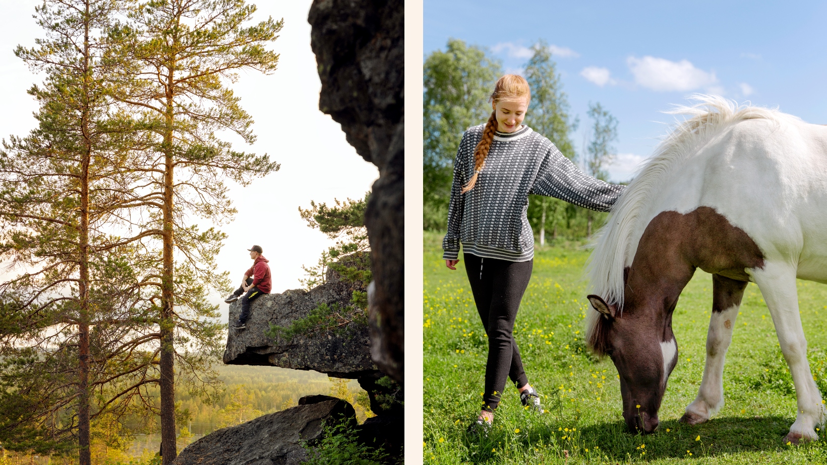 Ena bilden är en man som sitter på en sten och den andra bilden är en tjej som klappar en brun och vit häst