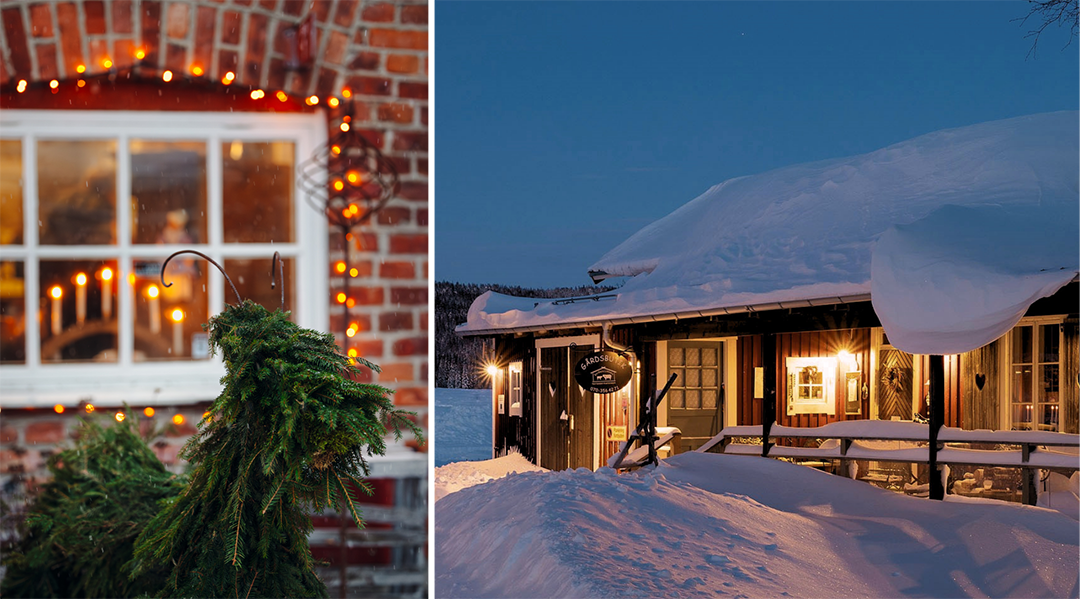 Julbock och  snötäckt hus