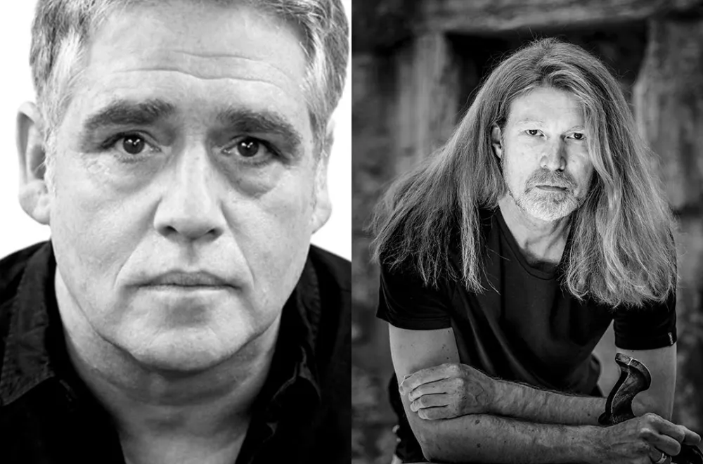 Black-and-white images of two men looking into the camera.