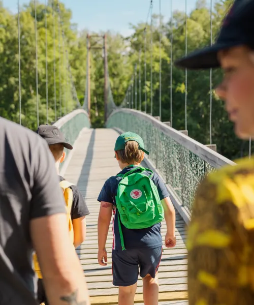 Barn som går över Stor Tuvan hängbro